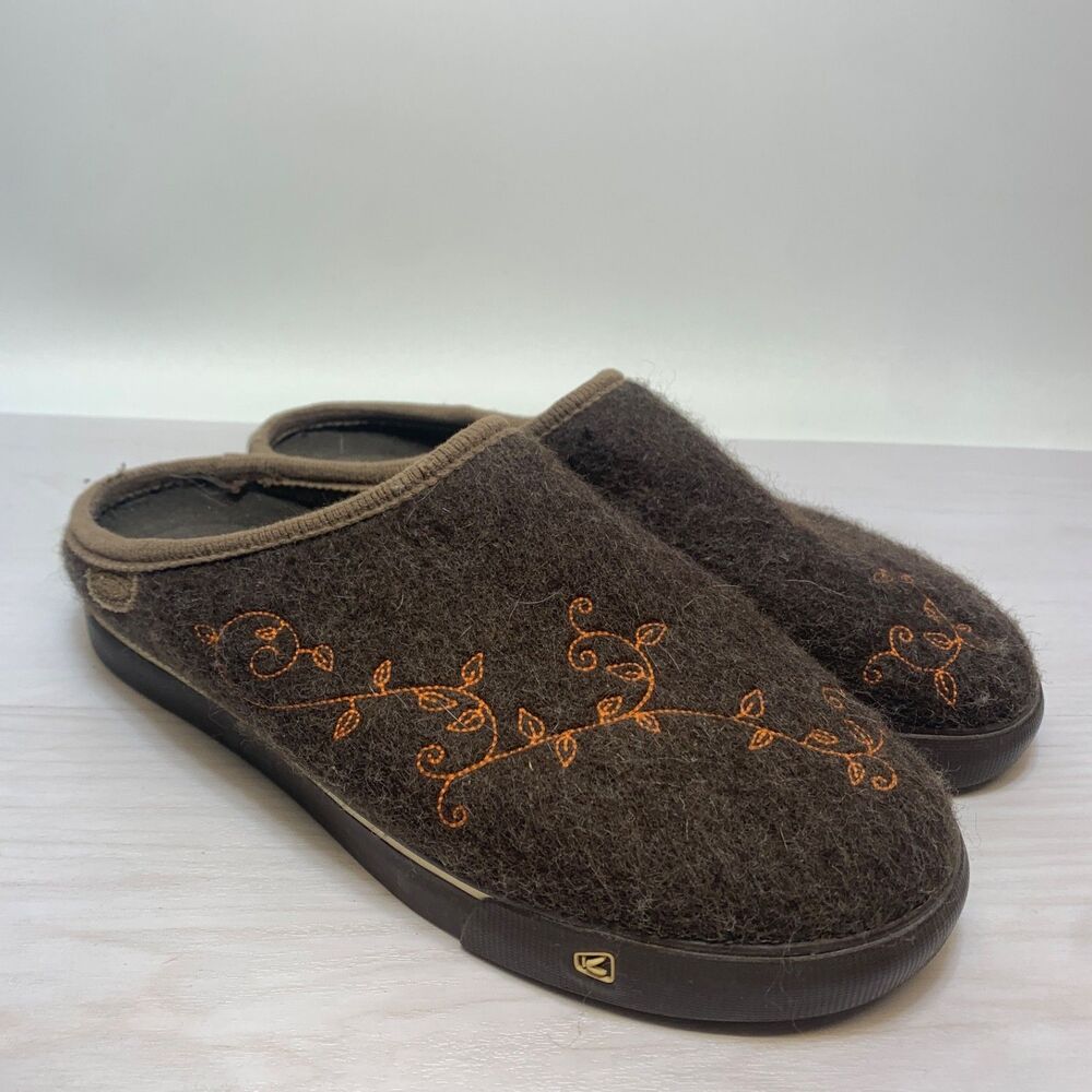 Keen Trillium Brown Wool‎ Felt Shoes Women Size 9.5 Mule Slip On Embroidered